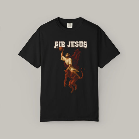 Black t-shirt with 'Air Jesus' graphic design on a gray background
