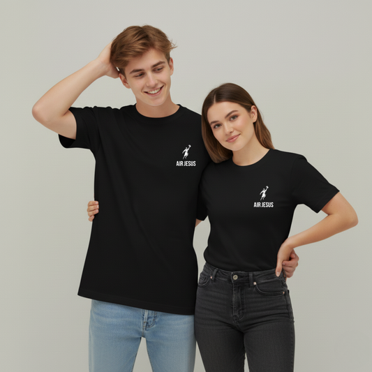 Two people wearing black t-shirts with 'AIR JESUS' logo on a plain background