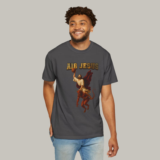 Man wearing a t-shirt with 'Air Jesus' graphic design on a plain background