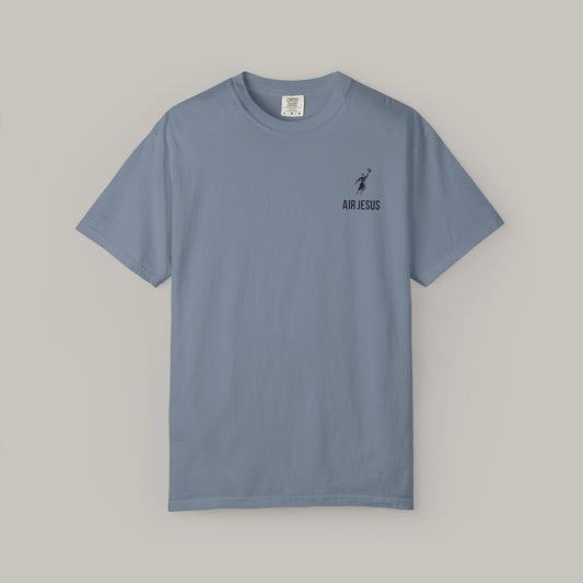 Blue t-shirt with 'AIR JESUS' logo on a gray background