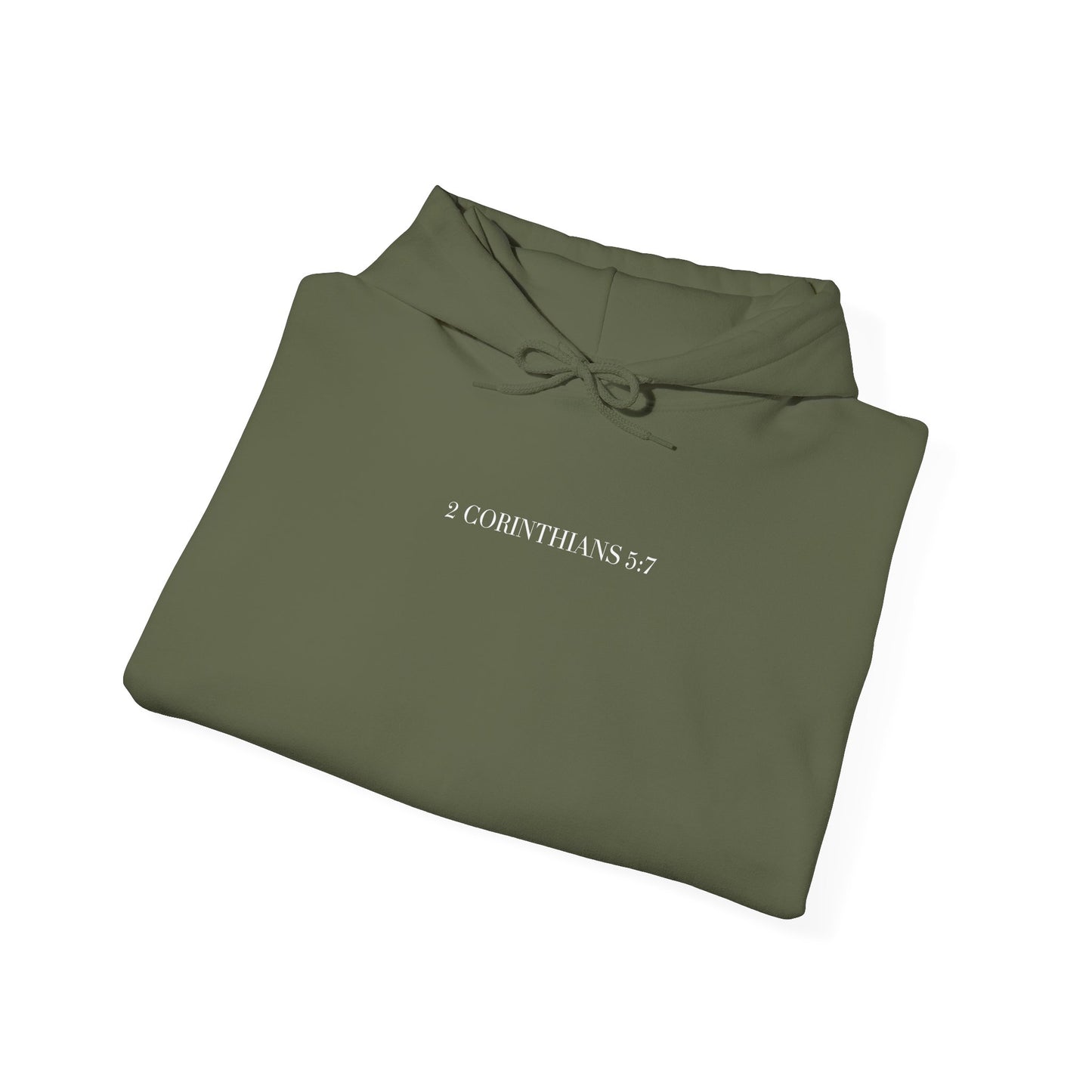 Folded olive green hoodie with text on a white background