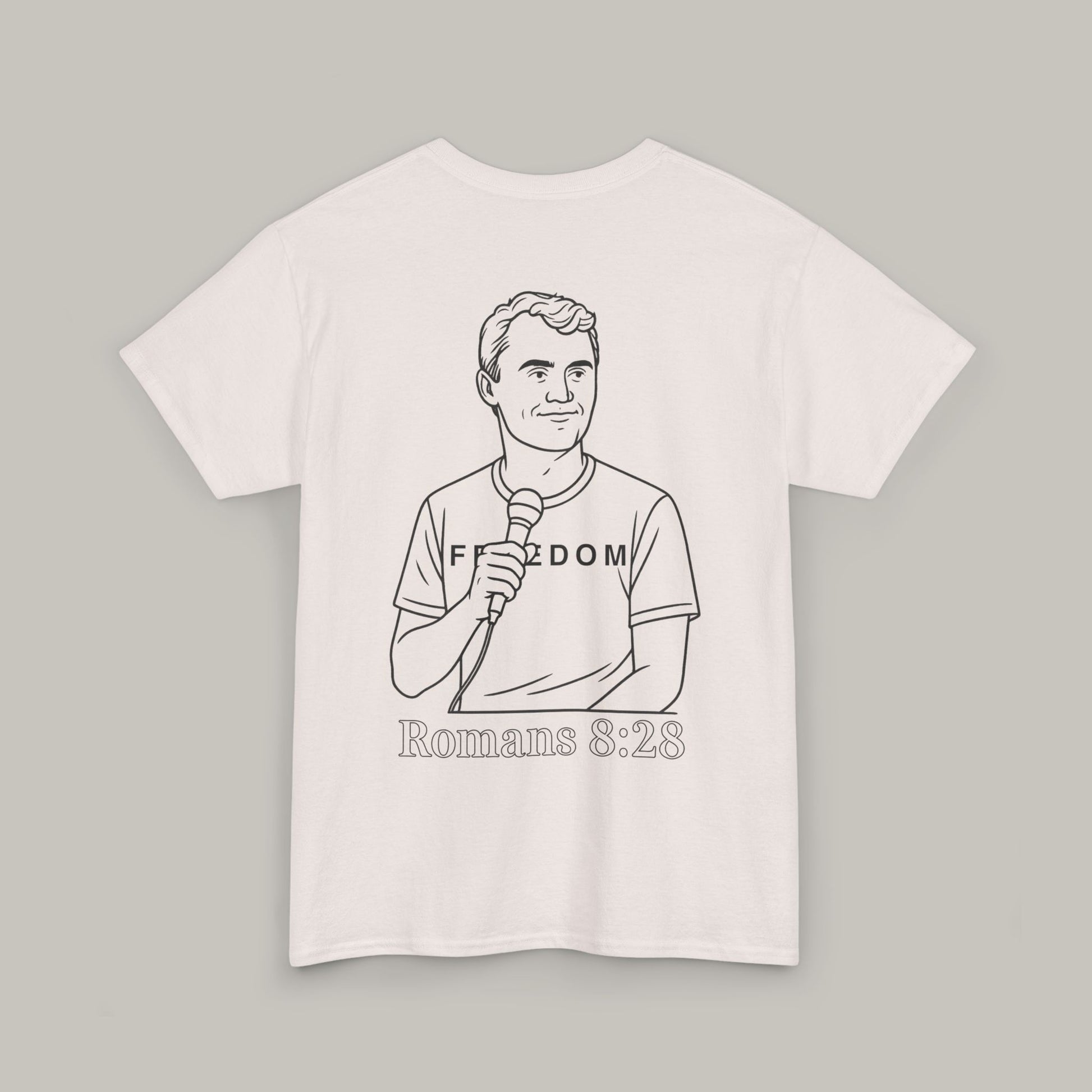 White t-shirt with a graphic of a person holding a microphone and text on a gray background