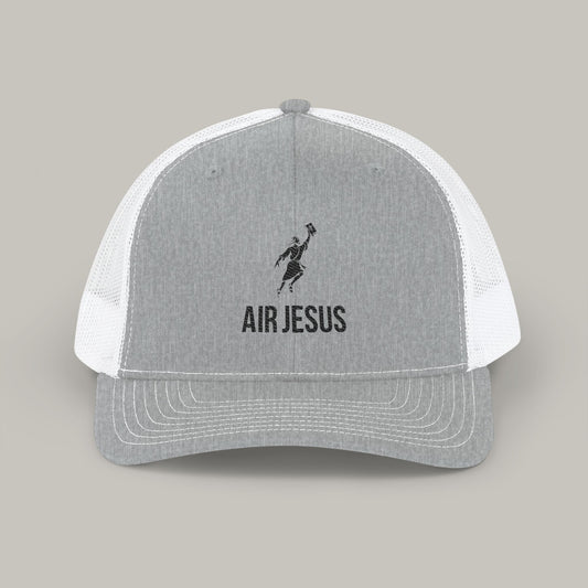 Gray and white cap with 'Air Jesus' text and logo on a gray background