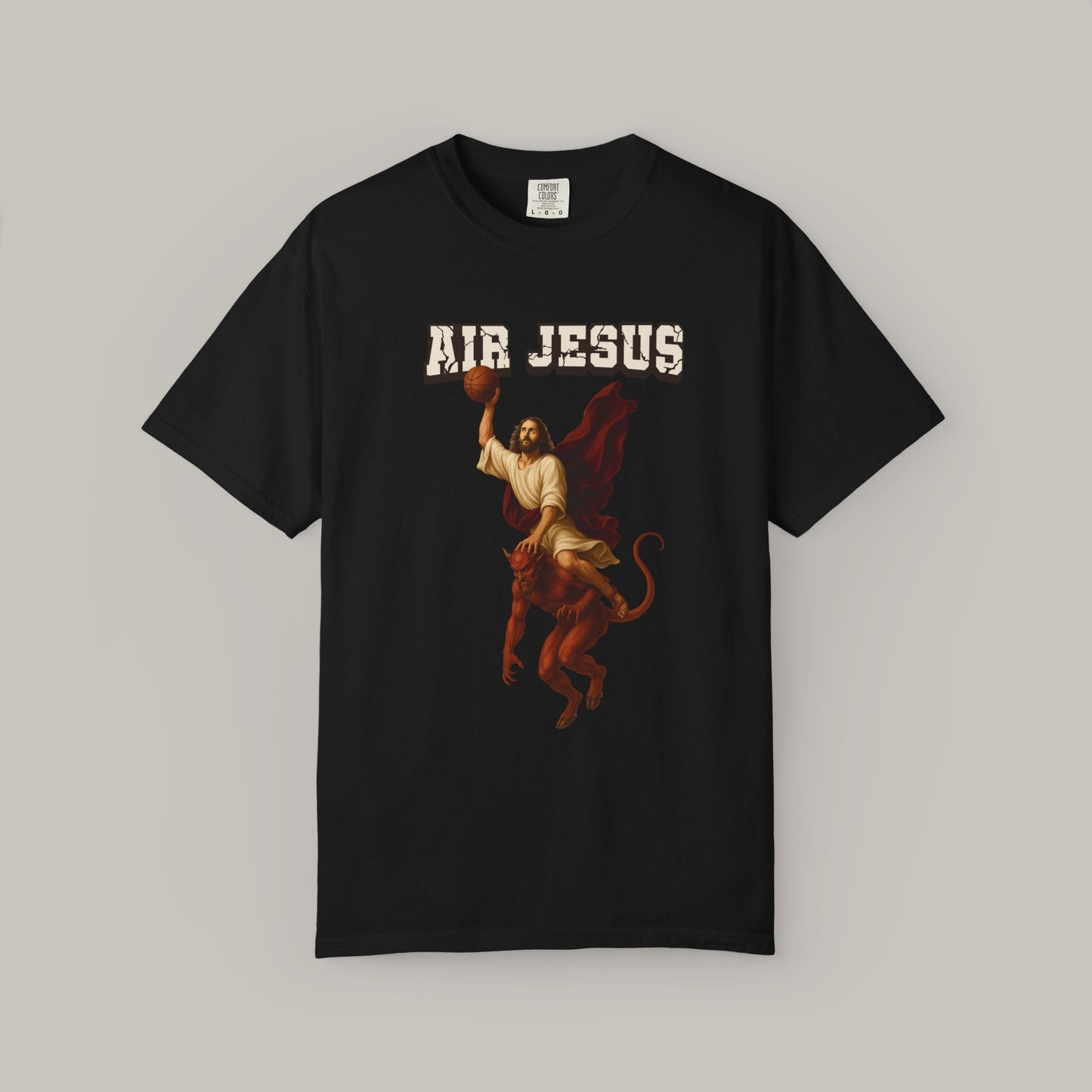Black t-shirt with 'Air Jesus' graphic design on a gray background