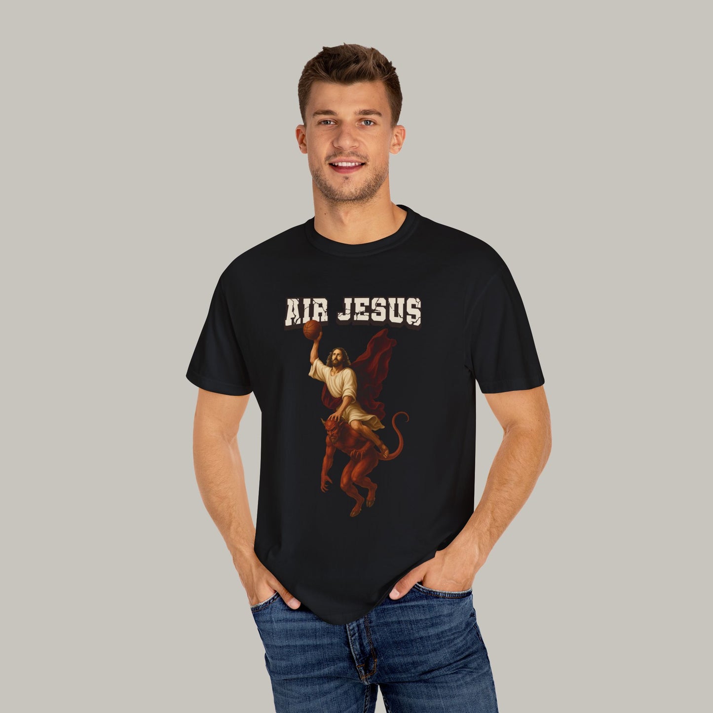 Man wearing a black t-shirt with 'AIR JESUS' graphic design on a plain background