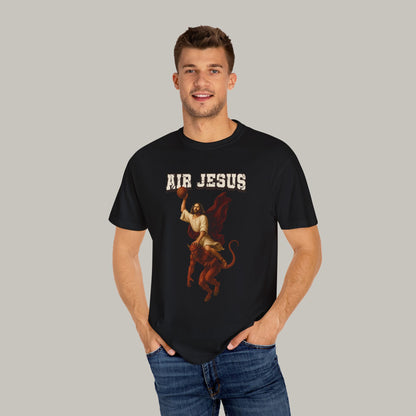 Man wearing a black t-shirt with 'AIR JESUS' graphic design on a plain background