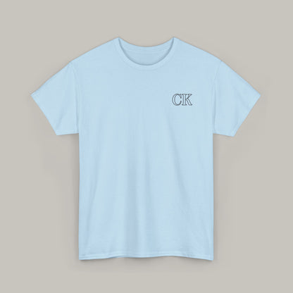 Light blue t-shirt with 'CK' logo on a beige background