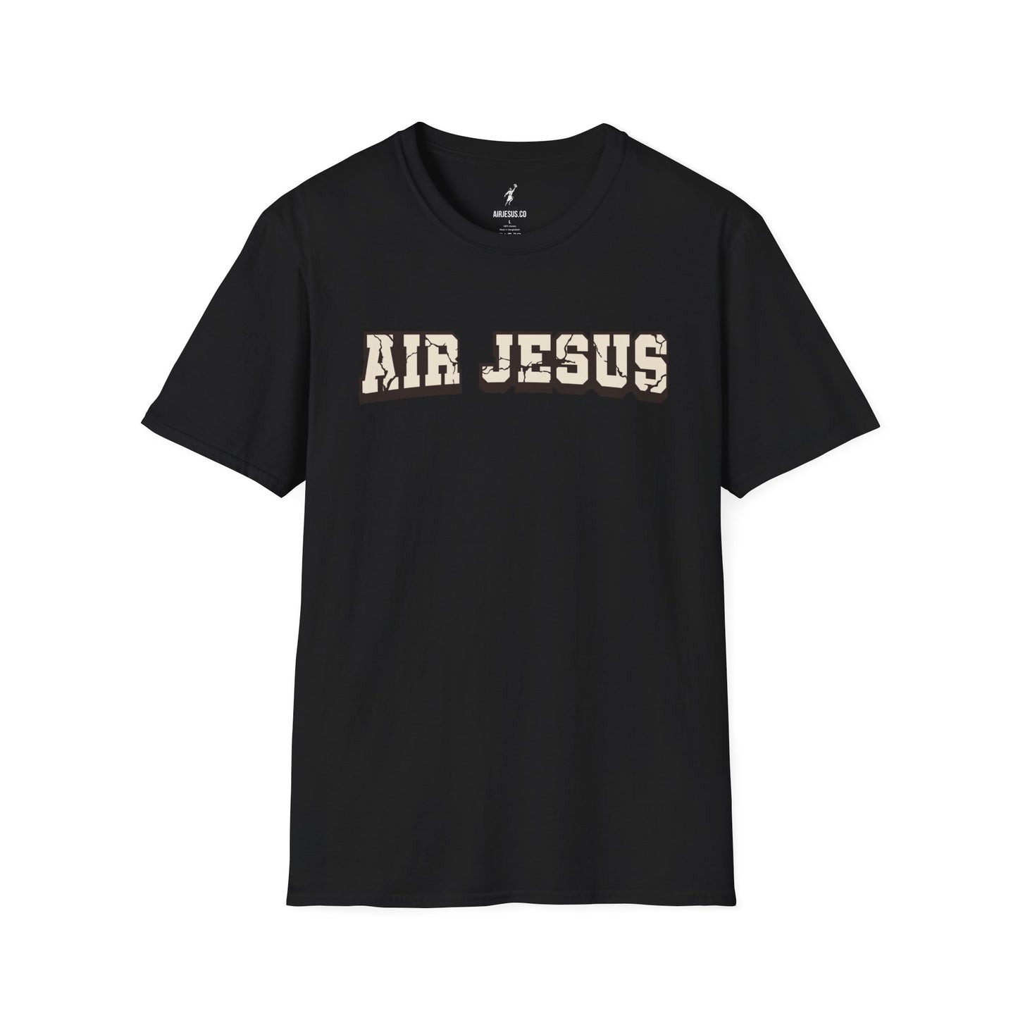 Black t-shirt with 'AIR JESUS' text on a white background