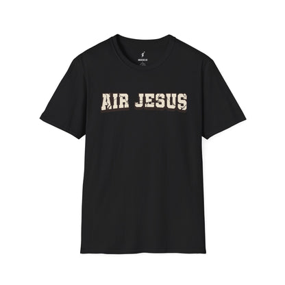 Black t-shirt with 'AIR JESUS' text on a white background