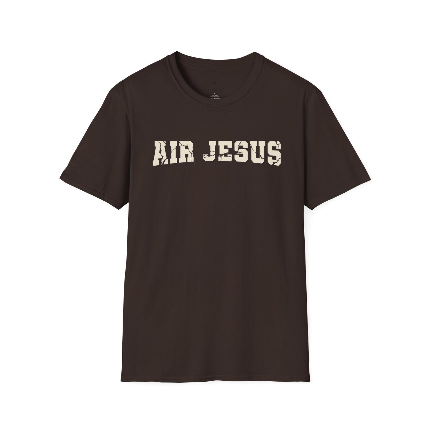 Brown t-shirt with 'AIR JESUS' text on a white background