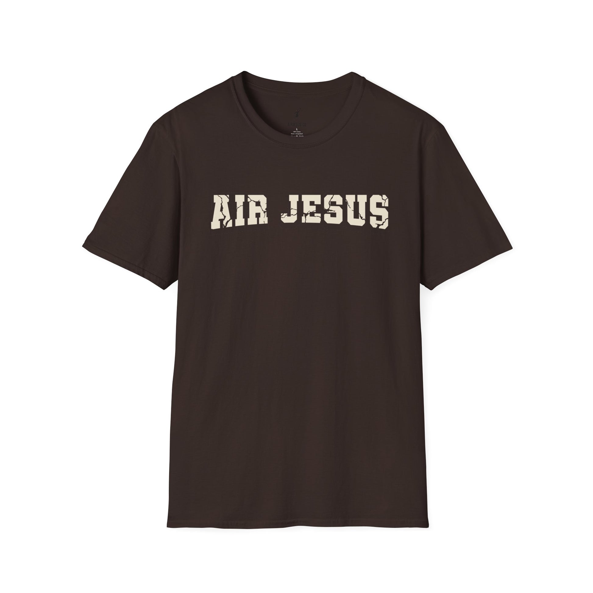 Brown t-shirt with 'AIR JESUS' text on a white background