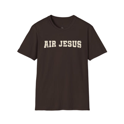 Brown t-shirt with 'AIR JESUS' text on a white background