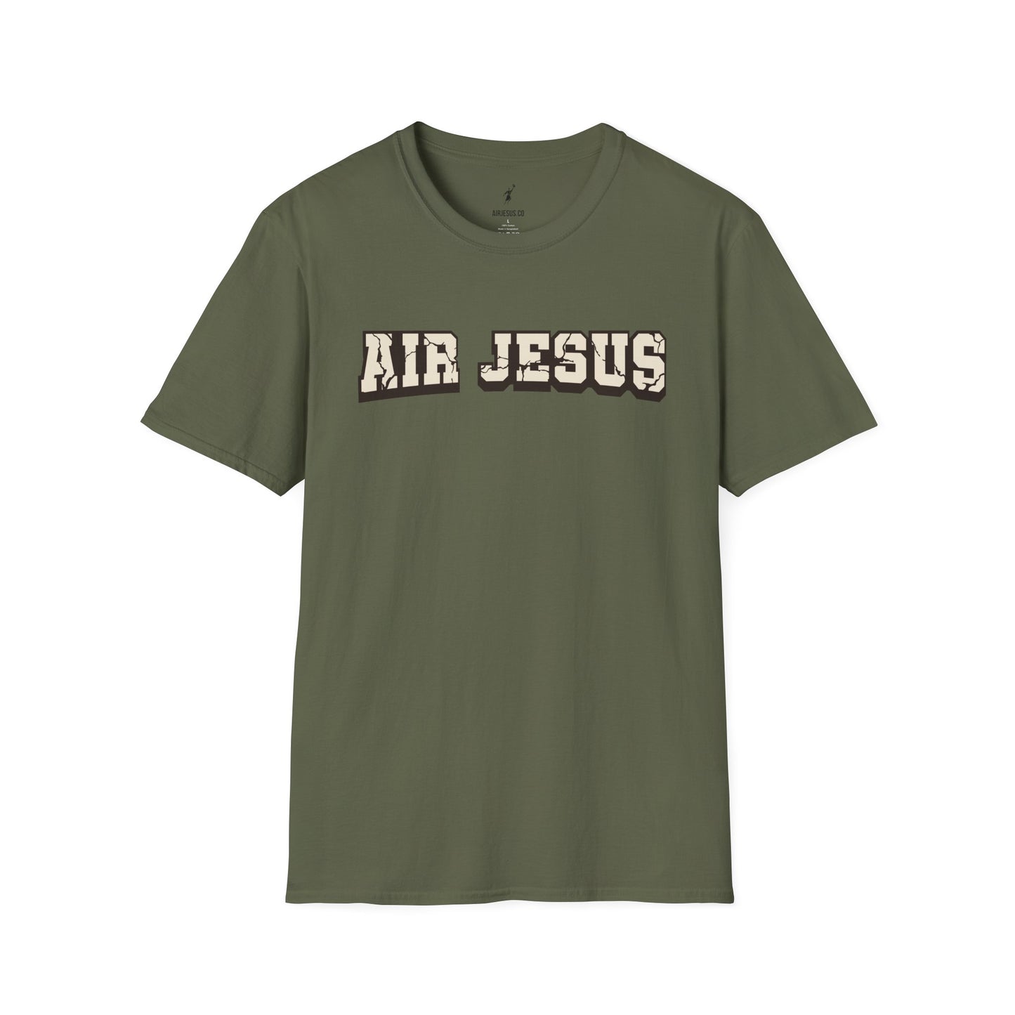 Green t-shirt with 'AIR JESUS' text on a white background