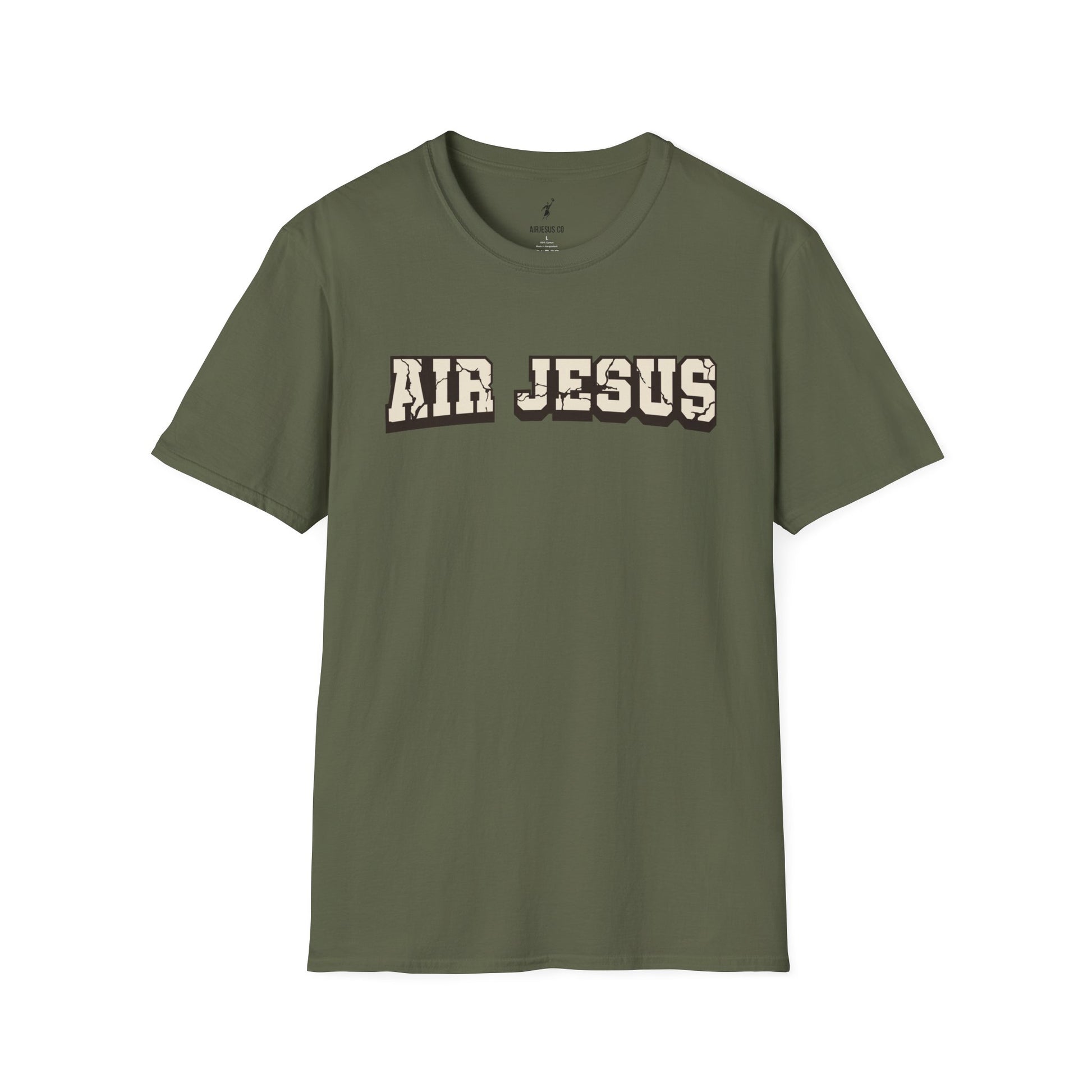 Green t-shirt with 'AIR JESUS' text on a white background
