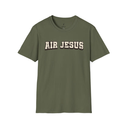 Green t-shirt with 'AIR JESUS' text on a white background