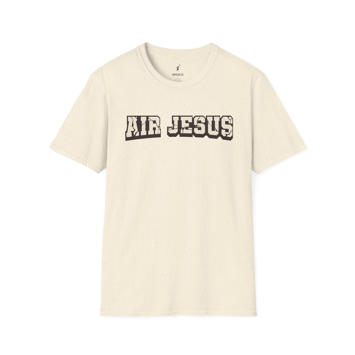 Beige t-shirt with 'AIR JESUS' text on a white background