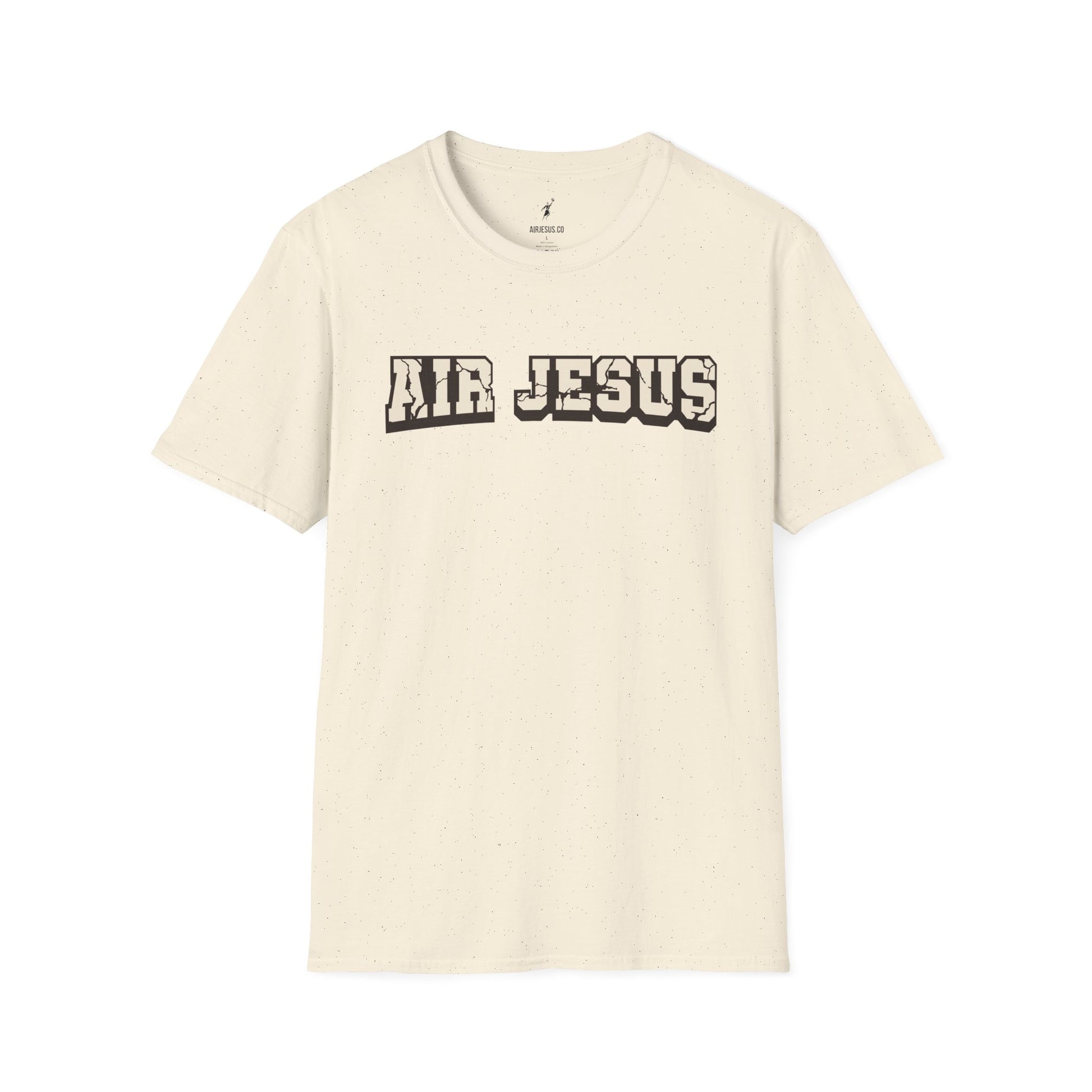 Beige t-shirt with 'AIR JESUS' text on a white background