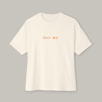 White t-shirt with 'PSALM 46:10' text on a gray background