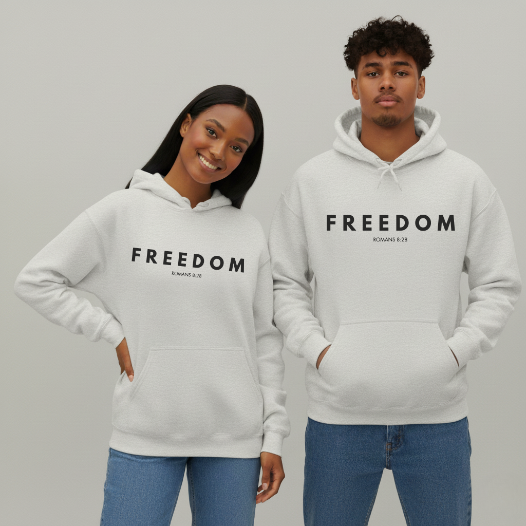 Two people wearing gray hoodies with 'FREEDOM CHARLIE KIRK' text on a plain background