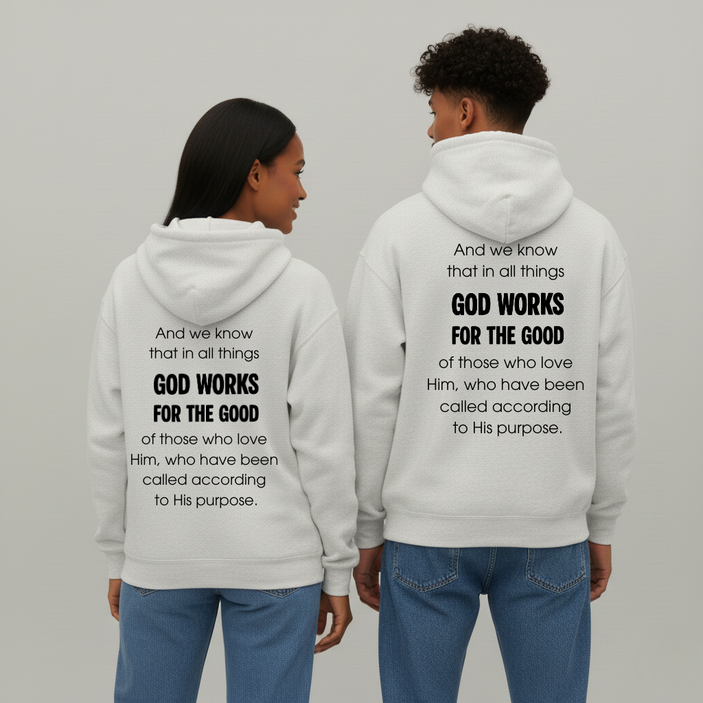 Two people wearing white hoodies with text on the back, standing back-to-back against a gray background.