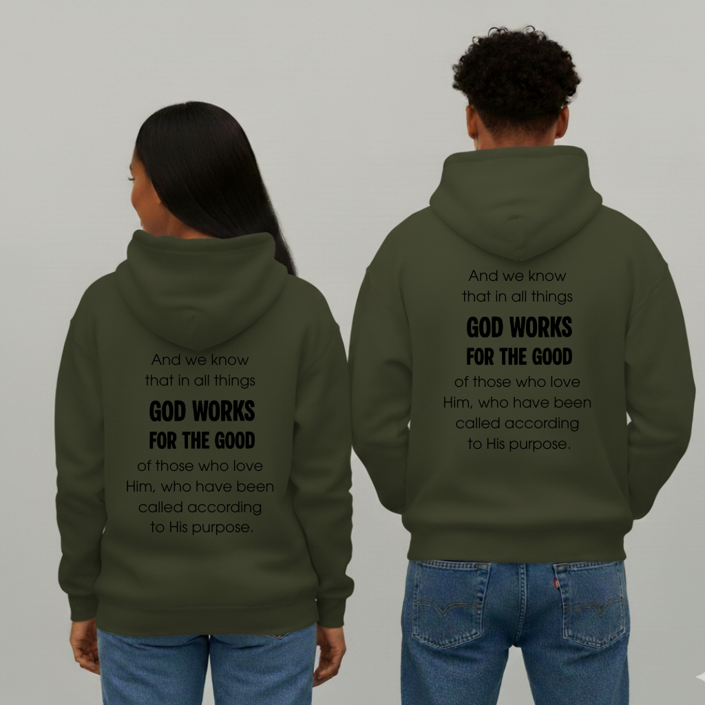 Two people wearing green hoodies with a religious quote on the back against a gray background