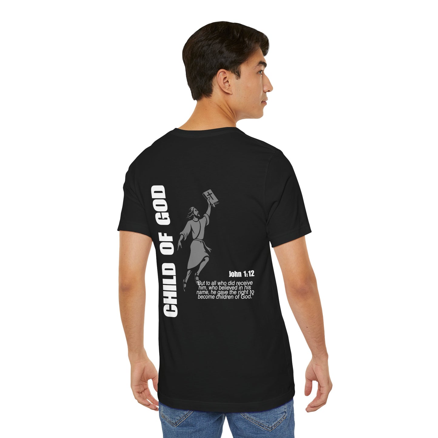 Black t-shirt with 'Child of God' design on the back, worn by a person.