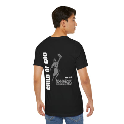 Black t-shirt with 'Child of God' design on the back, worn by a person.