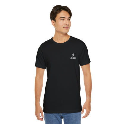 Man wearing a black t-shirt with a logo on a white background