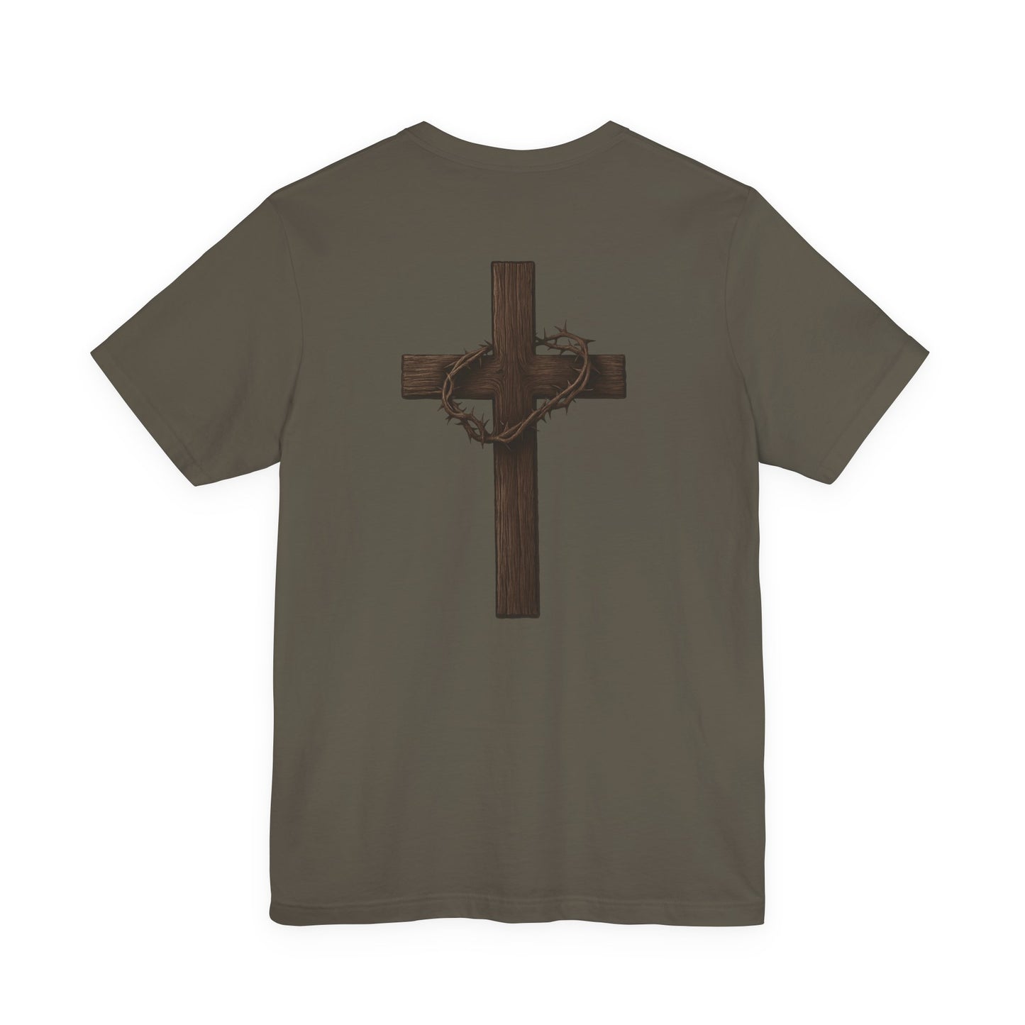Brown t-shirt with a wooden cross design on the back against a white background