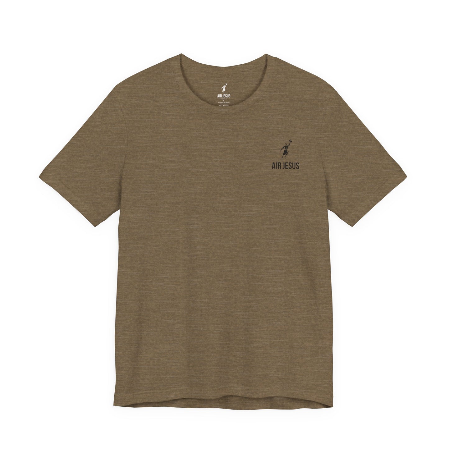 Brown t-shirt with a small logo on the chest against a white background