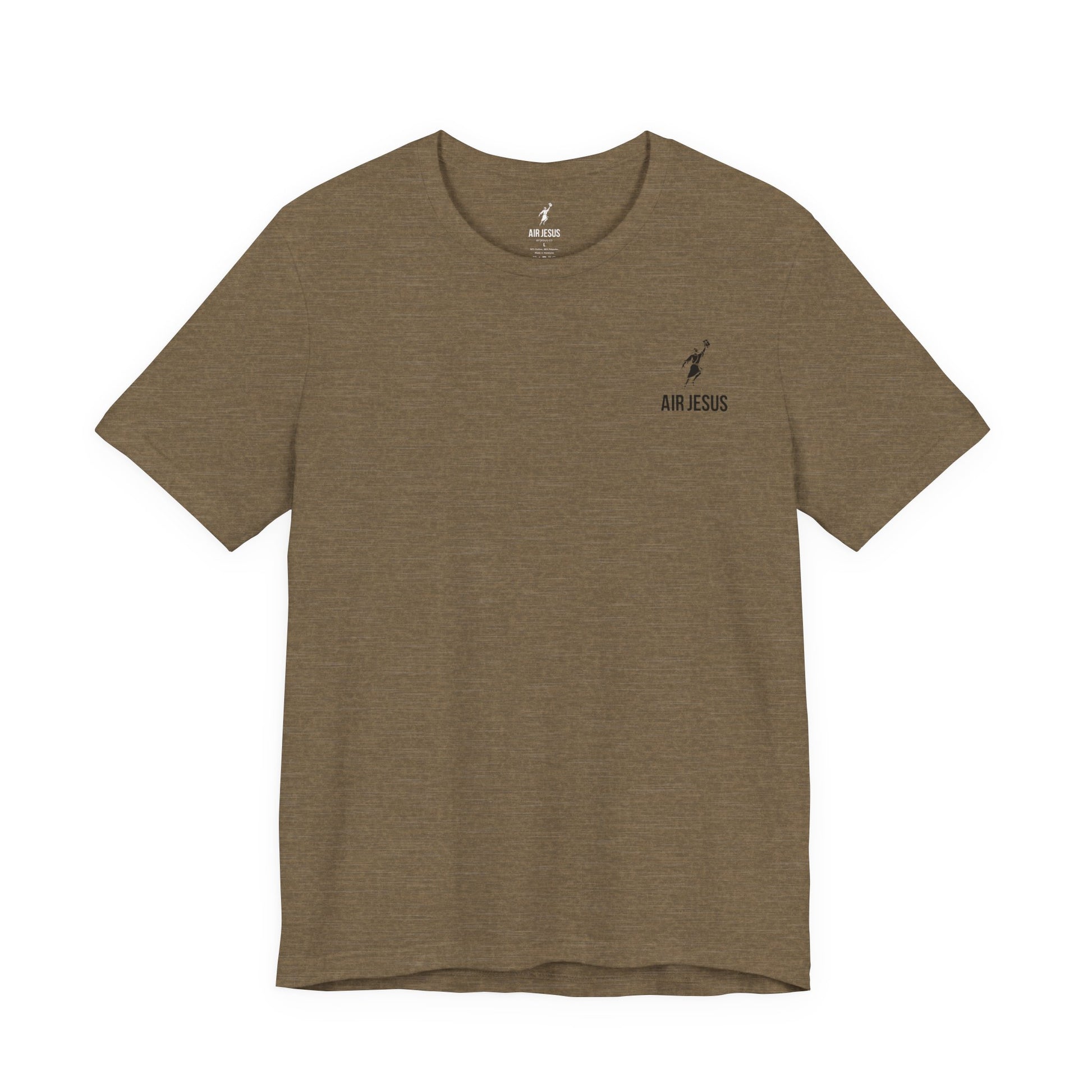Brown t-shirt with a small logo on the chest against a white background