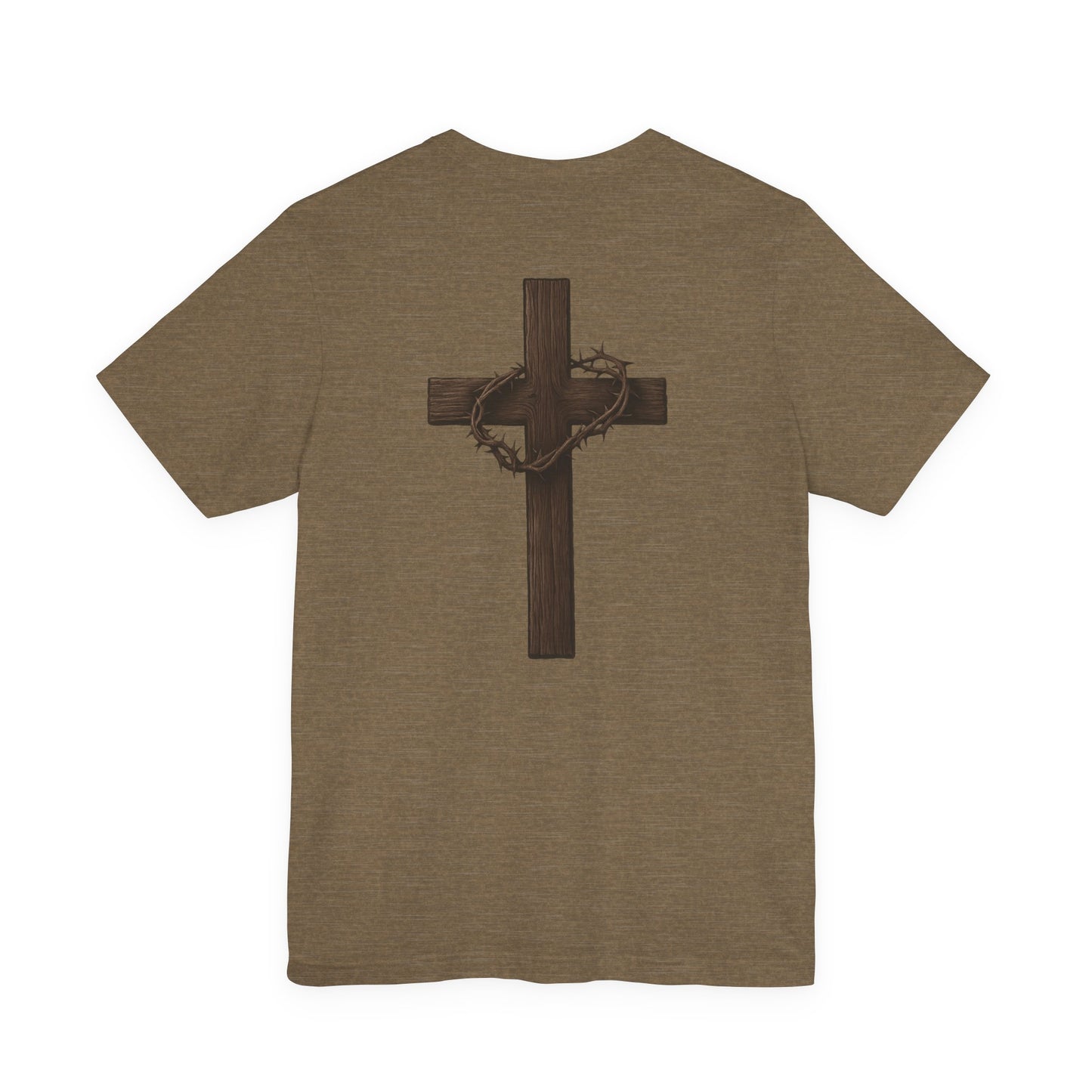 Brown t-shirt with a cross and crown of thorns design on the back against a white background