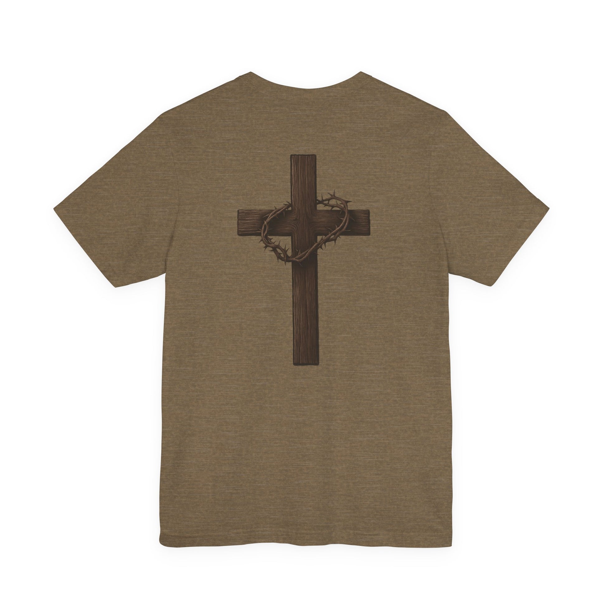 Brown t-shirt with a cross and crown of thorns design on the back against a white background