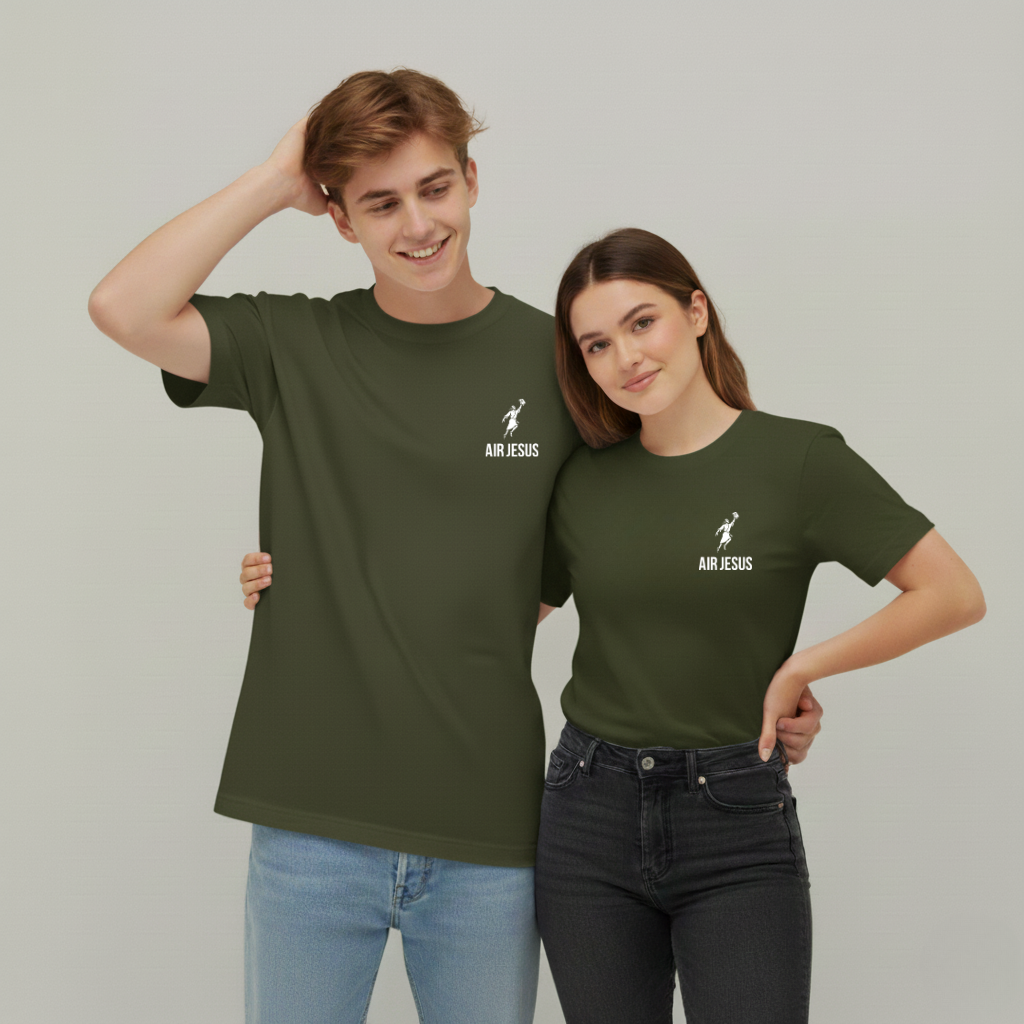 Two people wearing green t-shirts with 'AIR JESUS' logo against a plain background