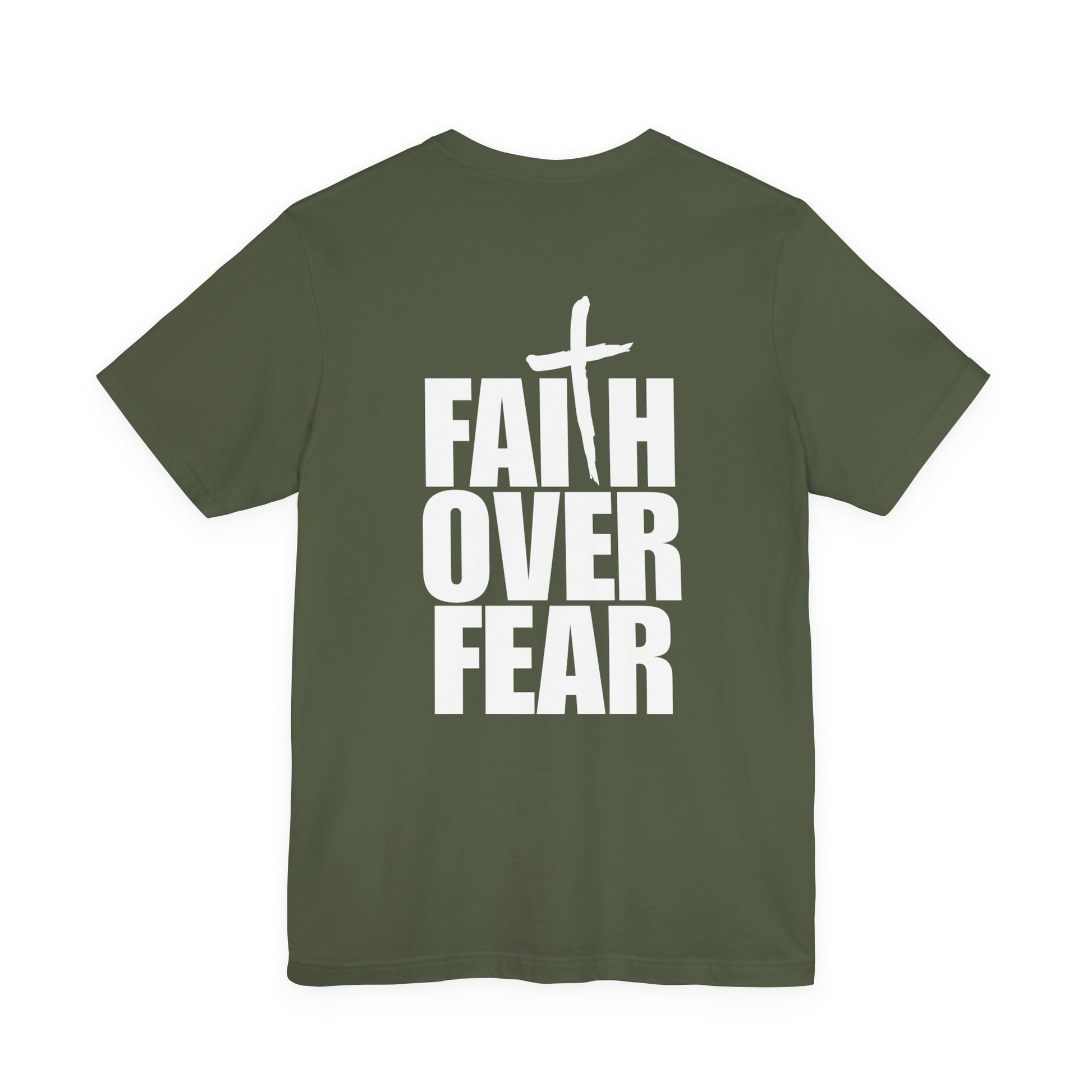 Green t-shirt with 'Faith Over Fear' text and cross on a white background