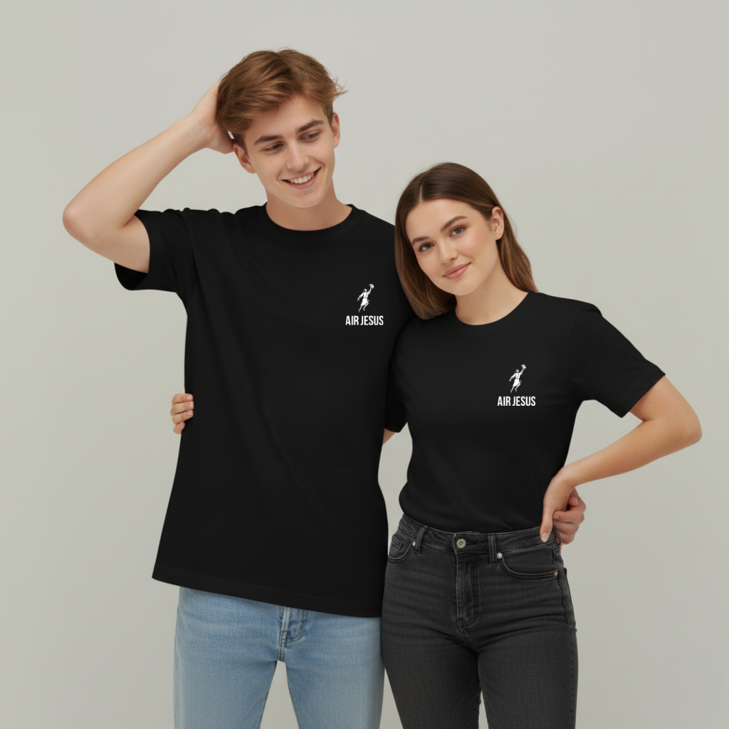 Two people wearing black t-shirts with 'AIR JESUS' logo on a plain background