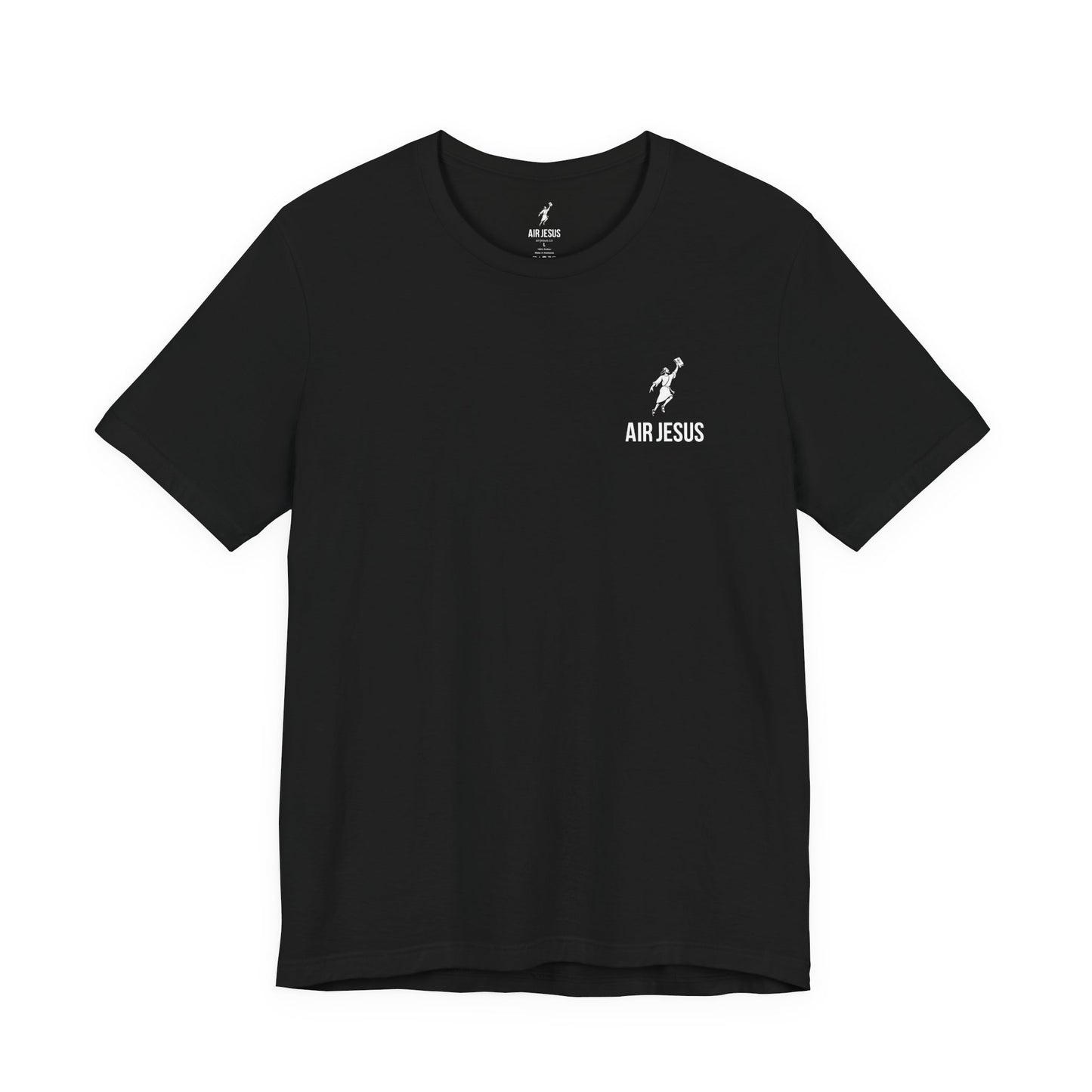 Black t-shirt with 'AIR JESUS' text and graphic on a white background
