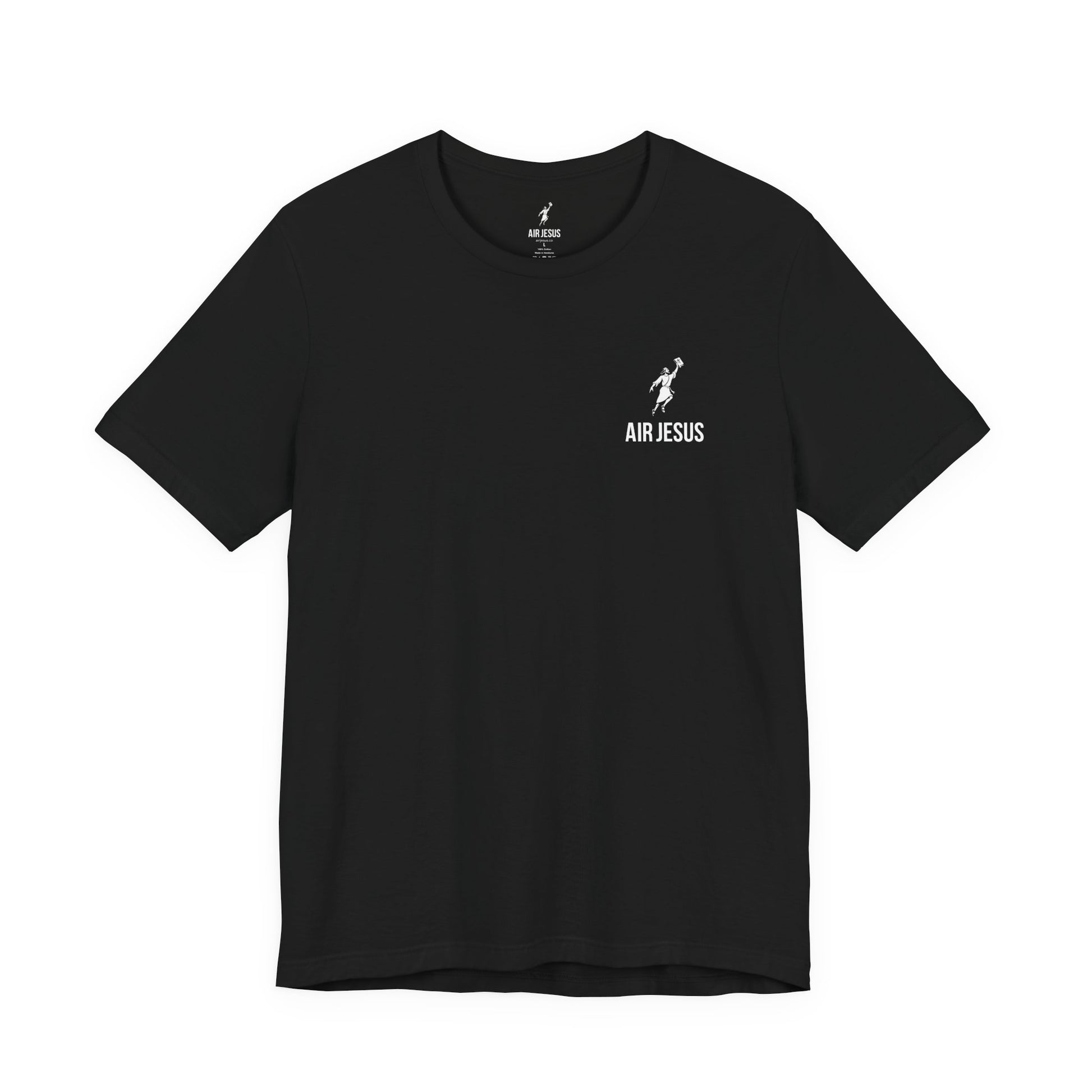 Black t-shirt with 'AIR JESUS' text and graphic on a white background
