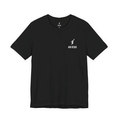 Black t-shirt with 'AIR JESUS' text and graphic on a white background