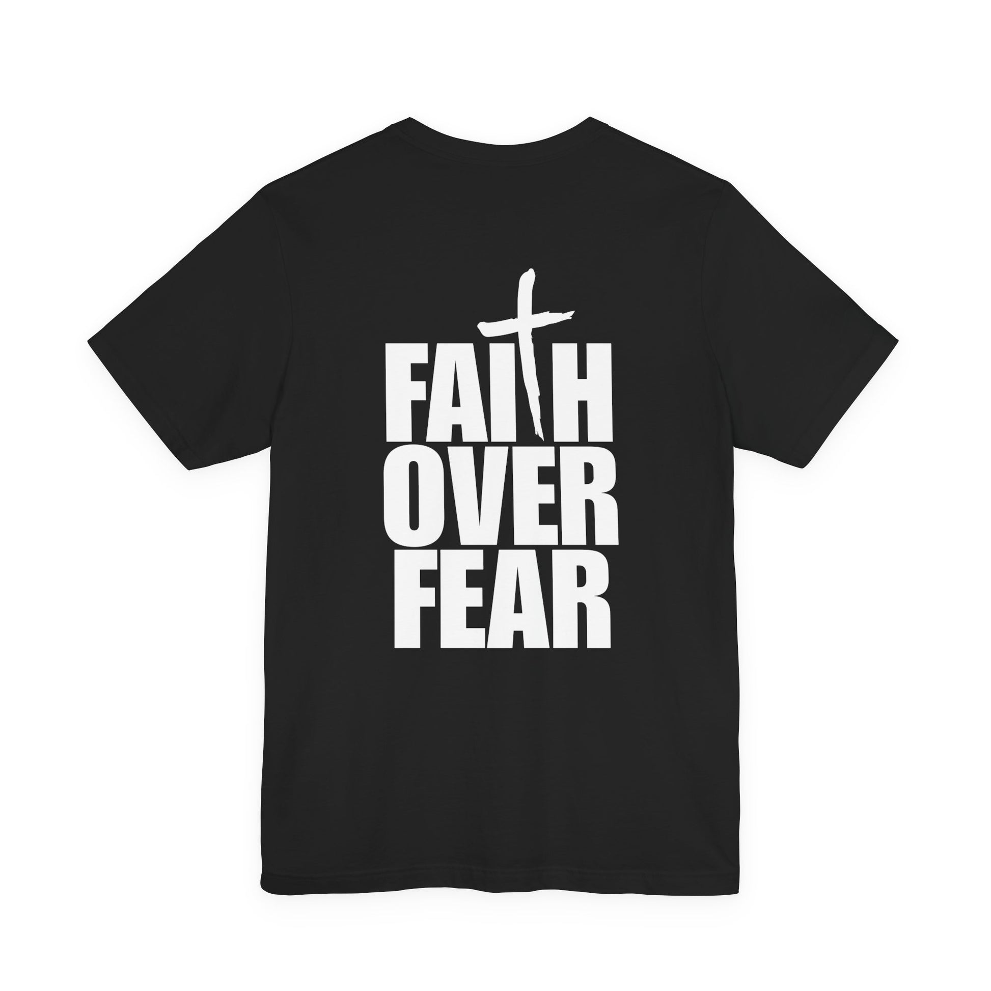 Black t-shirt with 'Faith Over Fear' text on a white background