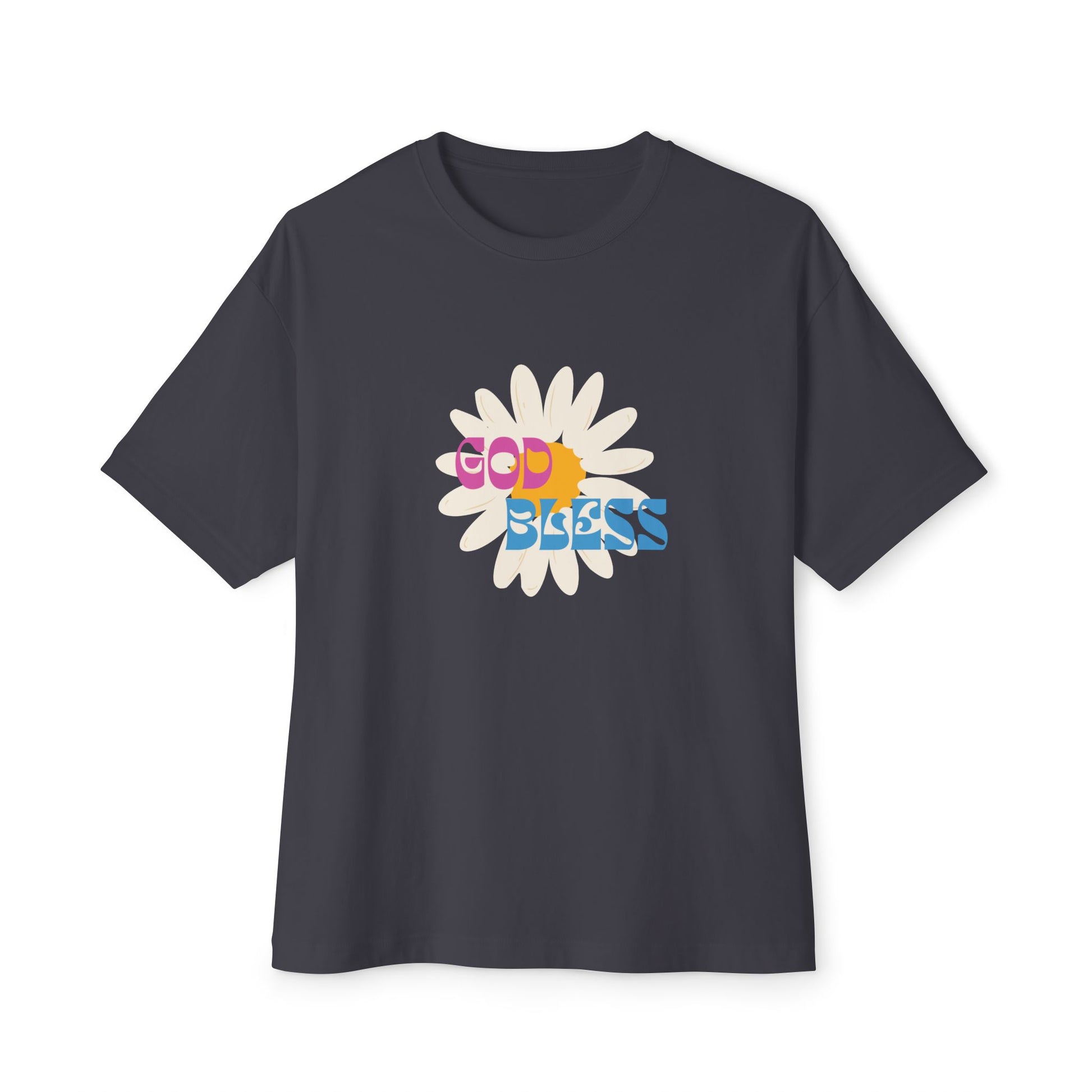 Black t-shirt with a colorful flower graphic and 'God Bless' text on a white background