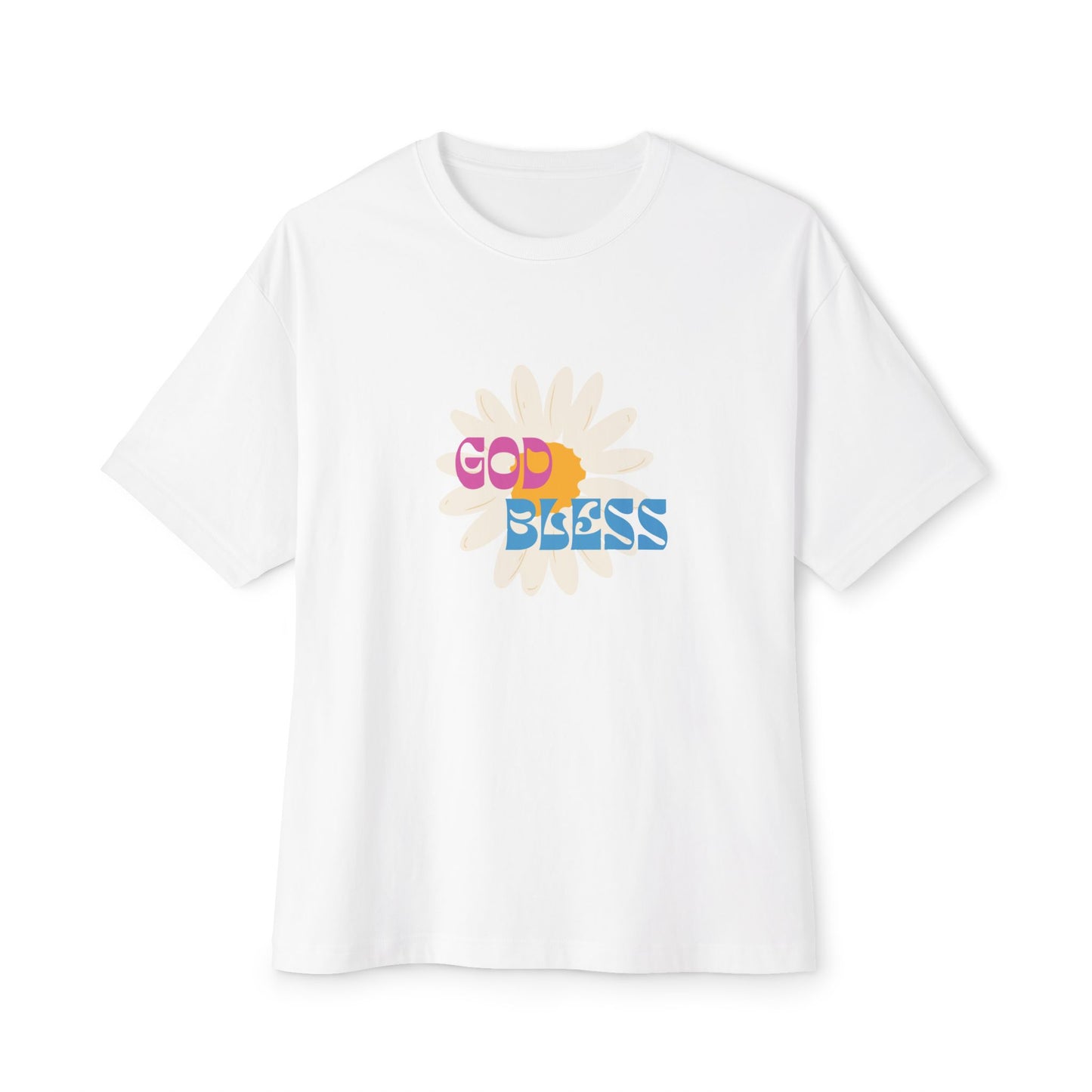 White t-shirt with colorful 'God Bless' design on a white background
