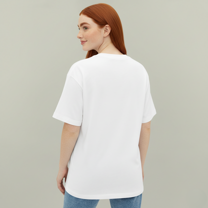 Woman wearing a white t-shirt on a plain background