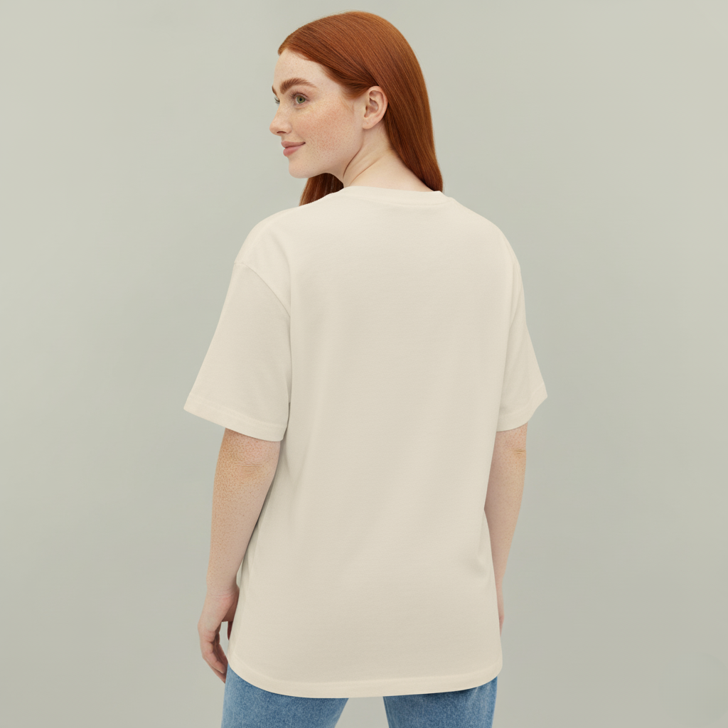 Woman wearing a beige t-shirt and blue jeans on a light gray background