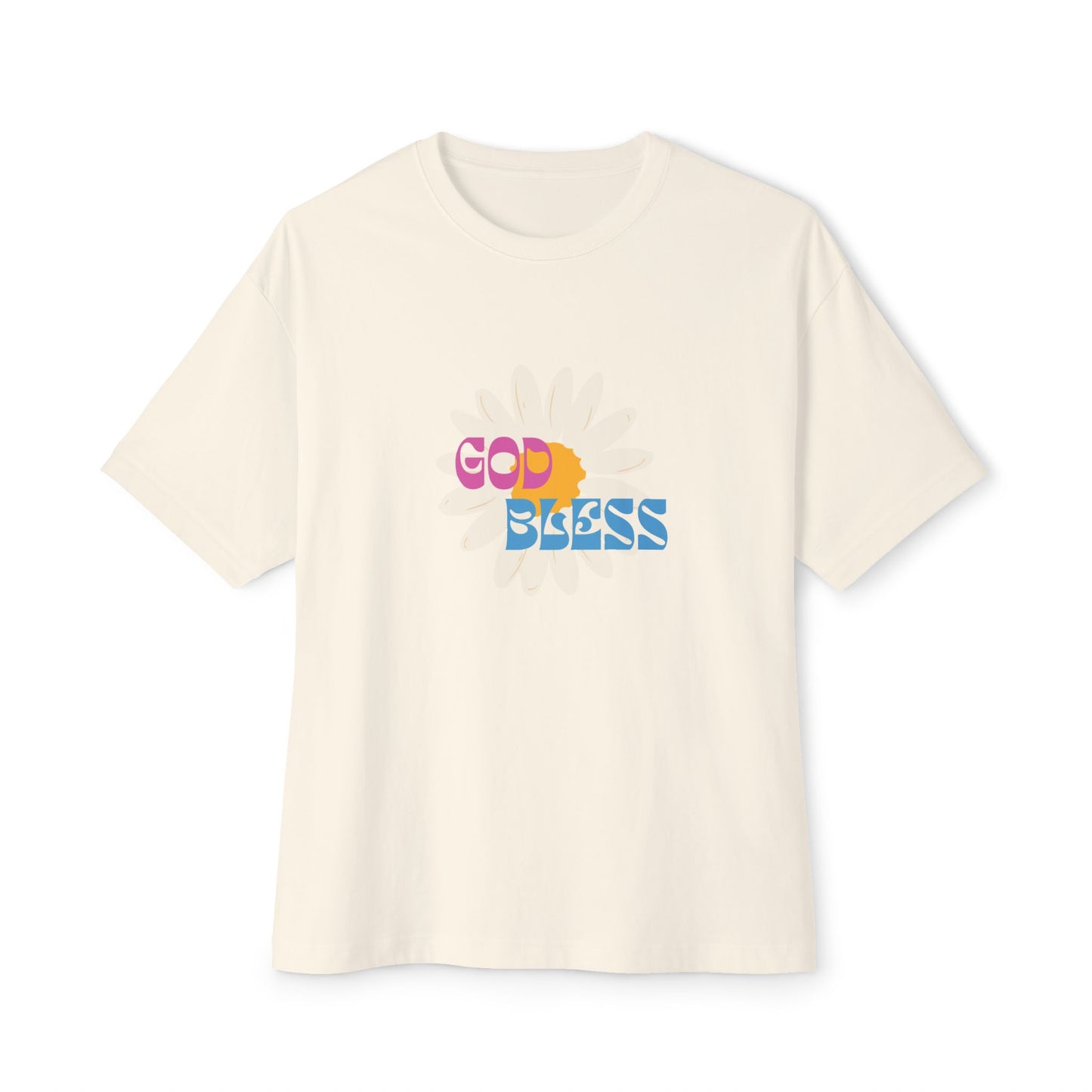 Beige t-shirt with 'God Bless' text in colorful letters on a white background