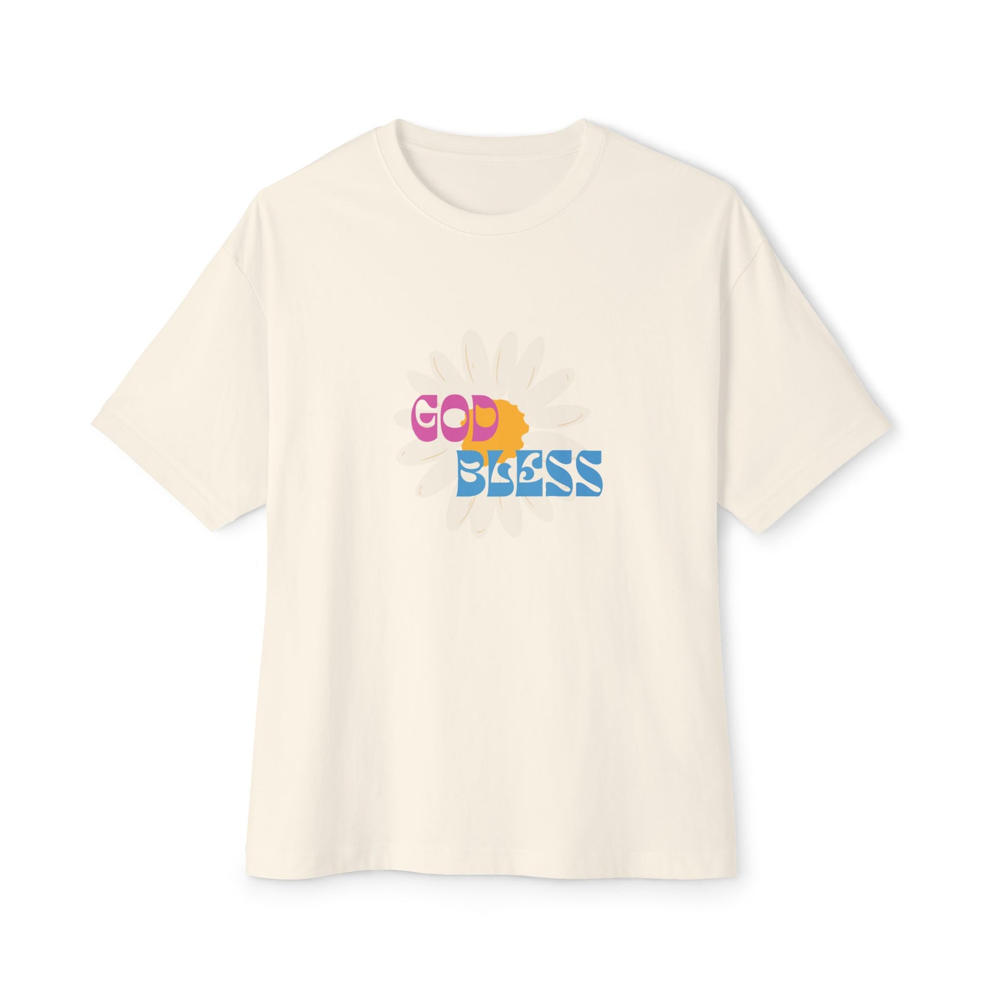 Beige t-shirt with 'God Bless' text in colorful letters on a white background