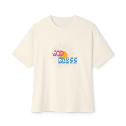 Beige t-shirt with 'God Bless' text in colorful letters on a white background