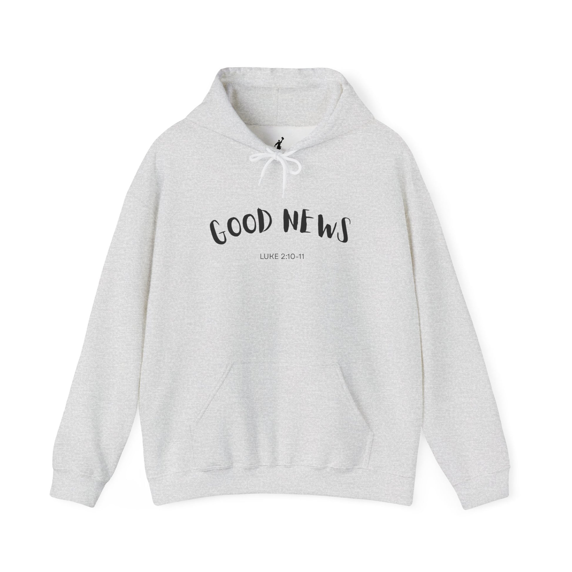 Gray hoodie with 'GOOD NEWS' text on a white background