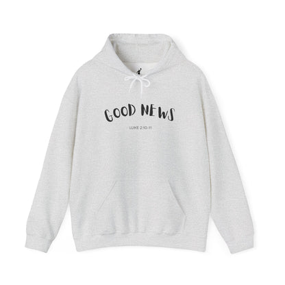 Gray hoodie with 'GOOD NEWS' text on a white background
