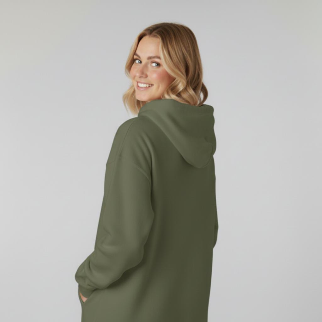 Woman wearing a green hoodie against a plain background